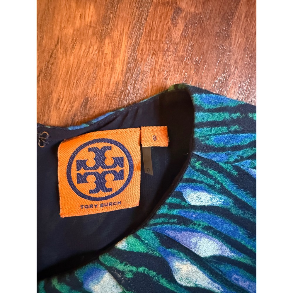 Tory Burch Womens Silk Short Sleeve Abstract Peacock Print Dress Blue Green Sz 8 - Picture 2 of 3